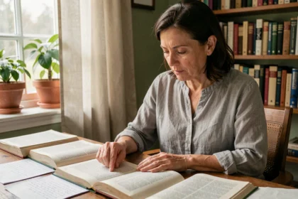 Femme consultant un dictionnaire français pour choisir le bon verbe entre s'amenuir et amoindrir