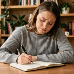 Femme en train d'écrire dans un carnet avec un stylo plume sur un bureau en bois, illustrant la réflexion sur les règles d'orthographe françaises