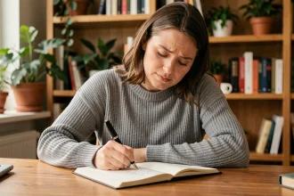 Femme en train d'écrire dans un carnet avec un stylo plume sur un bureau en bois, illustrant la réflexion sur les règles d'orthographe françaises