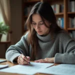 Jeune femme concentrée résolving une énigme logique difficile à son bureau encombré de notes et grilles de puzzles
