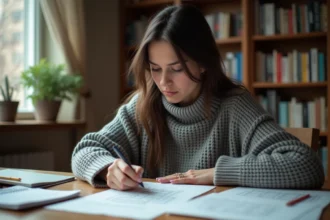 Jeune femme concentrée résolving une énigme logique difficile à son bureau encombré de notes et grilles de puzzles