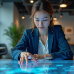 Jeune femme concentrée sur un tableau digital futuriste