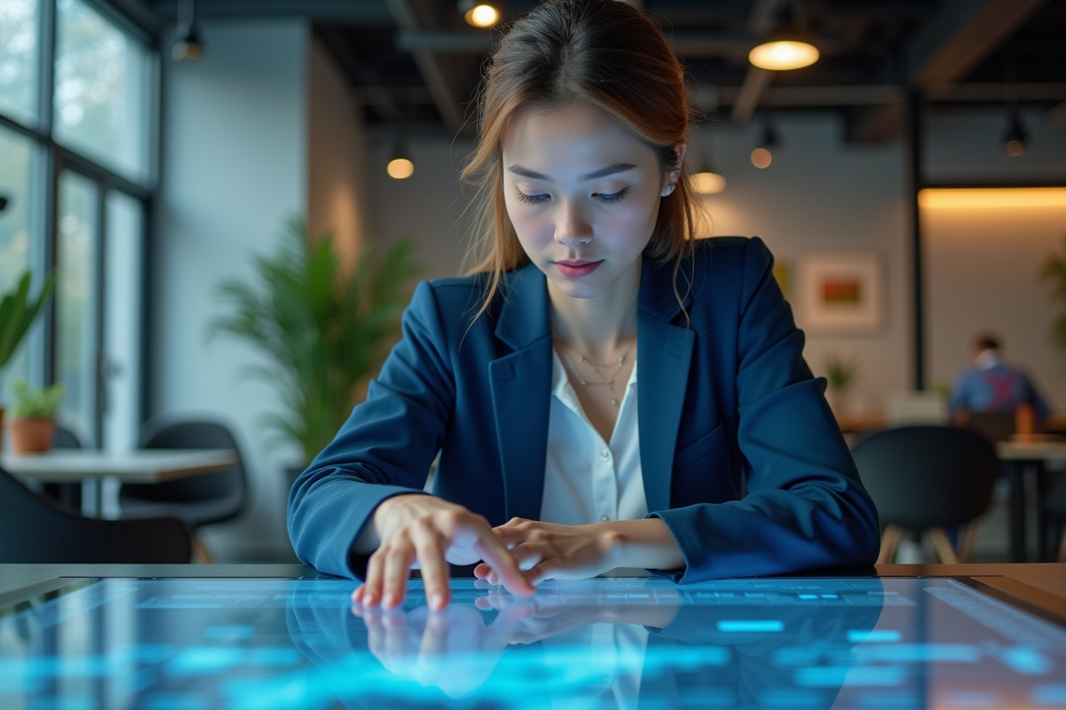 Jeune femme concentrée sur un tableau digital futuriste