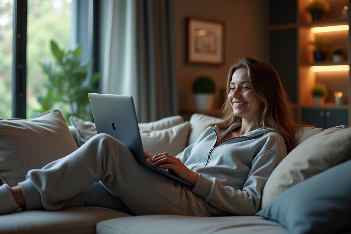 Femme gamer souriante assise sur un canapé dans un salon cosy