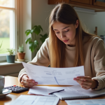 Jeune femme vérifiant ses factures et reçus à la maison