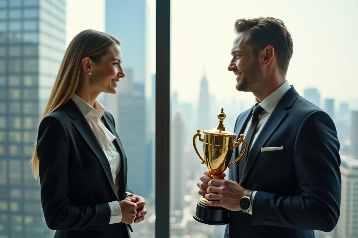 Femme souriante en costume et homme avec trophée en ville