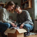 Une femme et un homme trient des objets dans un appartement