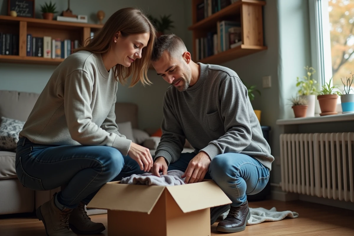 Une femme et un homme trient des objets dans un appartement