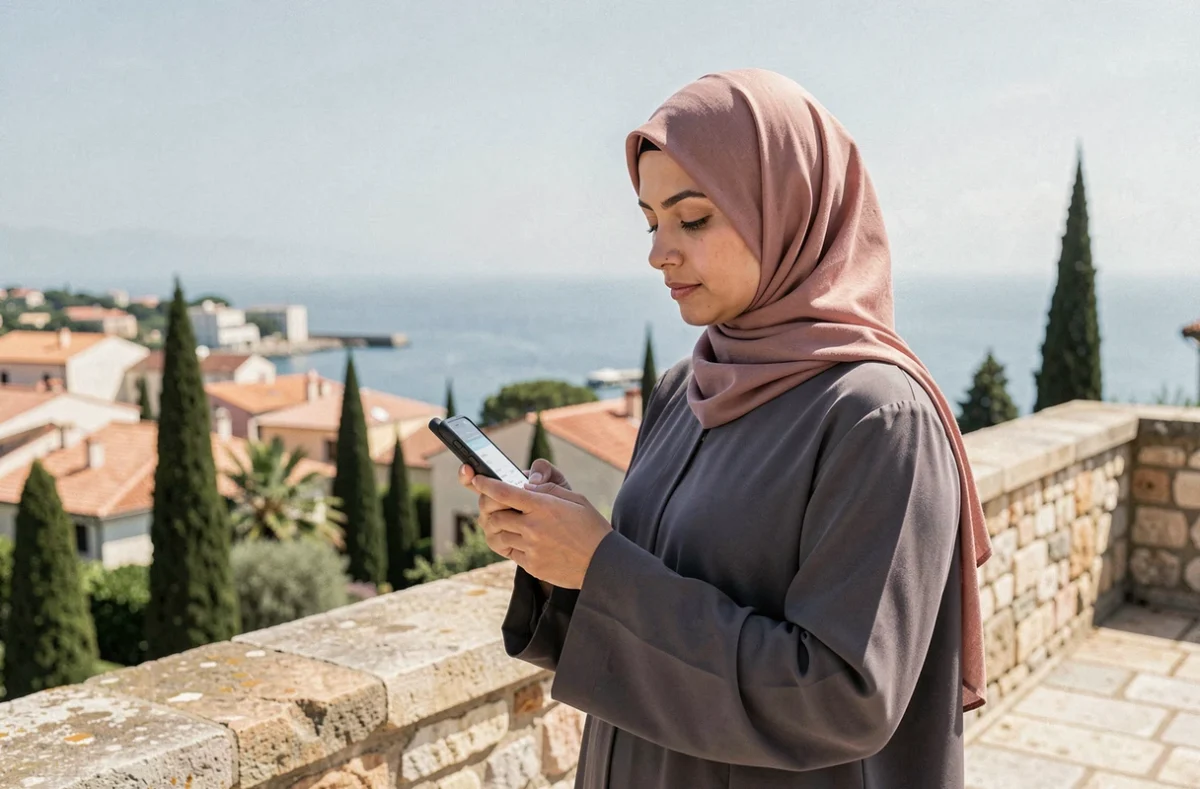 Femme consultant les horaires de prière sur smartphone avec vue sur la côte de Toulon en arrière-plan