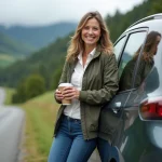 Femme souriante à côté d'une voiture hybride dans un paysage rural