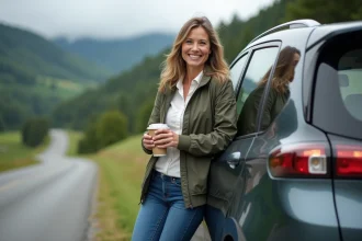 Femme souriante à côté d'une voiture hybride dans un paysage rural