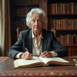 Femme intellectuelle élégante assise à un bureau parisien ancien entouré de livres et manuscrits, évoquant le patrimoine littéraire et académique