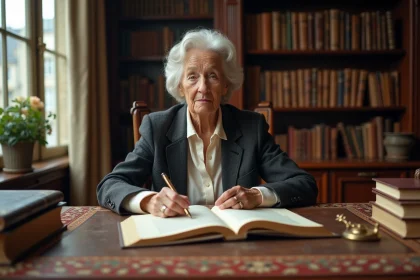 Femme intellectuelle élégante assise à un bureau parisien ancien entouré de livres et manuscrits, évoquant le patrimoine littéraire et académique