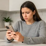 Femme tenant un iPhone avec une expression perplexe, se demandant si son numéro a été bloqué