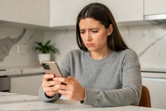 Femme tenant un iPhone avec une expression perplexe, se demandant si son numéro a été bloqué