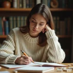 Femme concentrée jouant à un jeu de mots avec des lettres sur un bureau en bois entouré de livres et dictionnaires