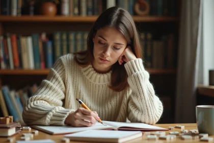 Femme concentrée jouant à un jeu de mots avec des lettres sur un bureau en bois entouré de livres et dictionnaires
