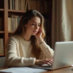 Femme lisant un blog littéraire sur un ordinateur portable dans une bibliothèque personnelle chaleureuse