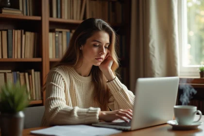 Femme lisant un blog littéraire sur un ordinateur portable dans une bibliothèque personnelle chaleureuse