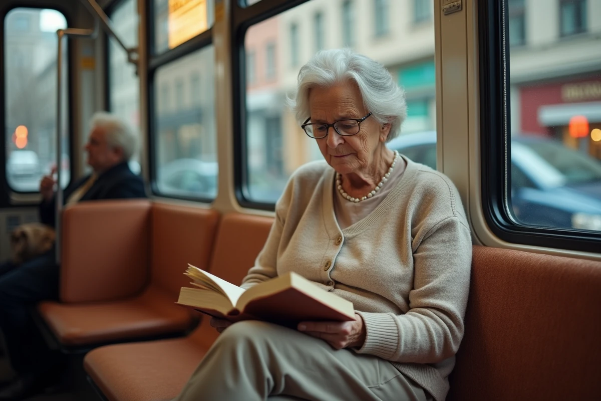 Femme âgée lisant dans un tram urbain