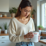 Femme lisant une étiquette de peinture dans la cuisine