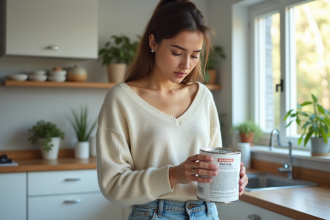 Femme lisant une étiquette de peinture dans la cuisine