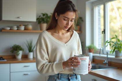 Femme lisant une &eacute;tiquette de peinture dans la cuisine