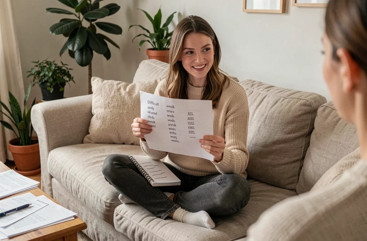 Femme consultant une liste de mots difficiles pour une partie de pendu entre adultes