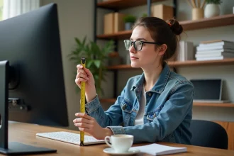 Jeune femme mesurant un écran d'ordinateur avec un ruban