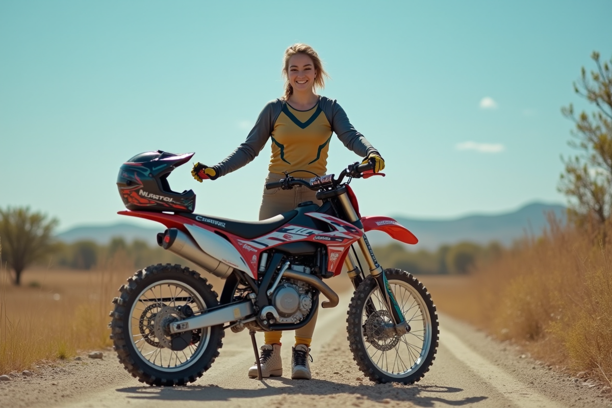 Femme nettoyant une dirtbike dans un terrain rural