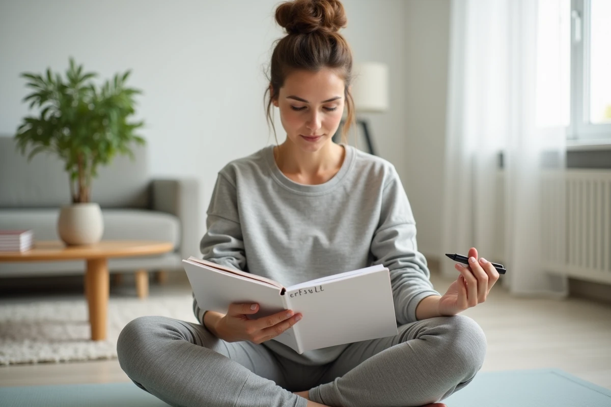 Jeune femme prenant des notes sur les résultats d'un quiz archange dans un salon minimaliste