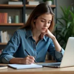 Femme concentrée à son bureau avec ordinateur et livres