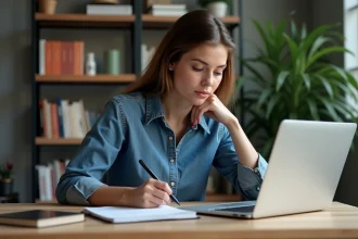 Femme concentrée à son bureau avec ordinateur et livres