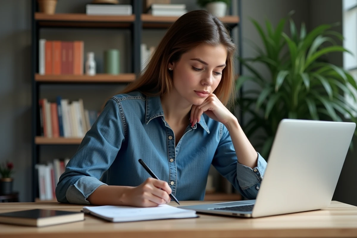 Femme concentrée à son bureau avec ordinateur et livres