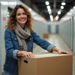 Femme souriante organisant des cartons dans un selfstorage