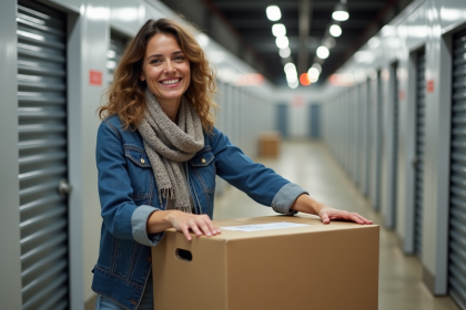 Femme souriante organisant des cartons dans un selfstorage