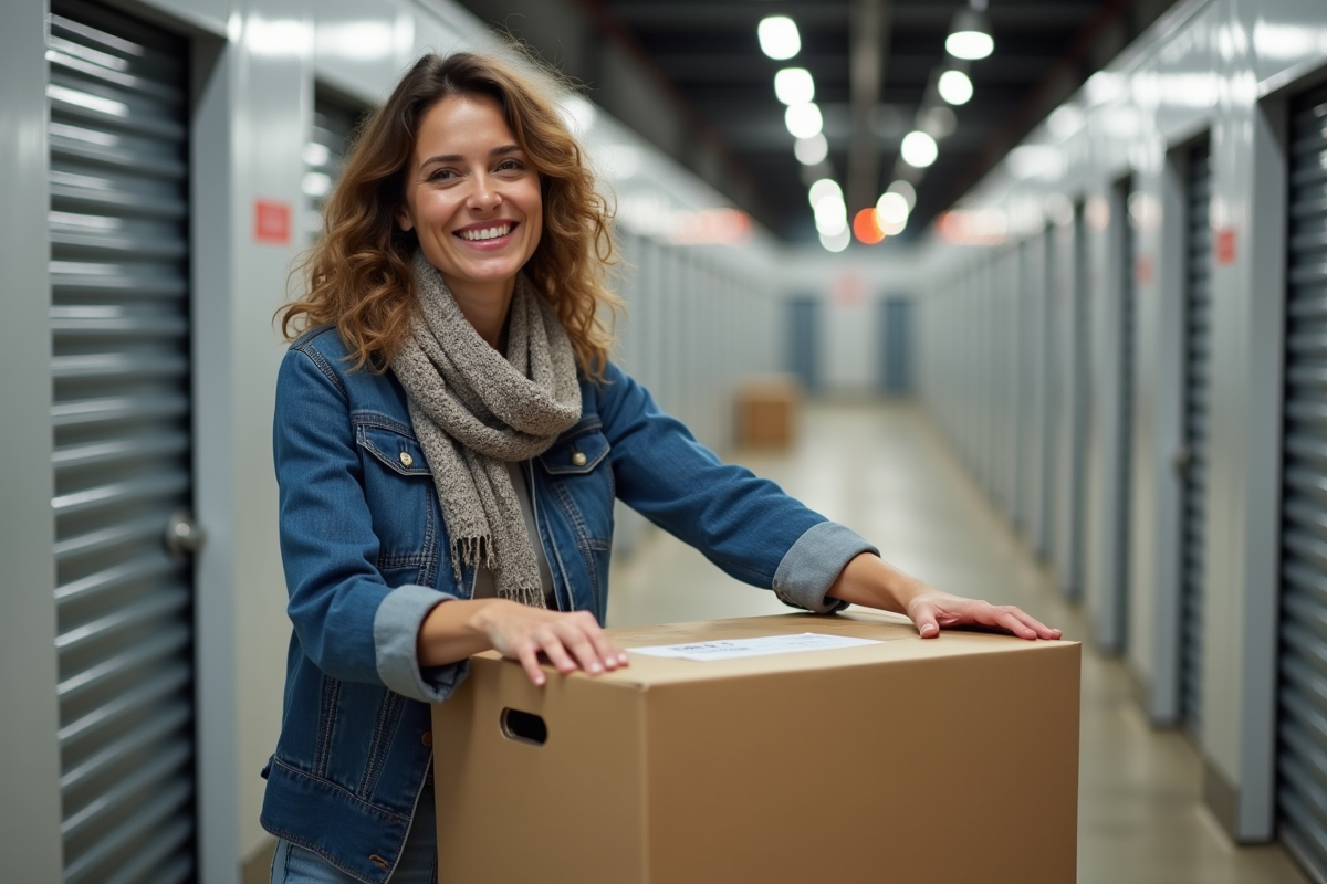 Femme souriante organisant des cartons dans un selfstorage