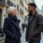 Femme parisienne en manteau discutant avec un jeune homme