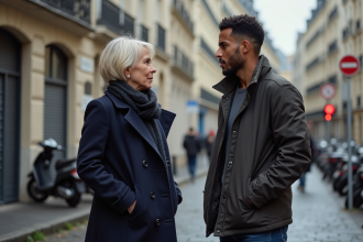 Femme parisienne en manteau discutant avec un jeune homme