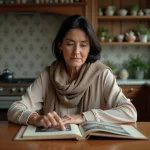 Femme regardant un album photo dans une cuisine chaleureuse