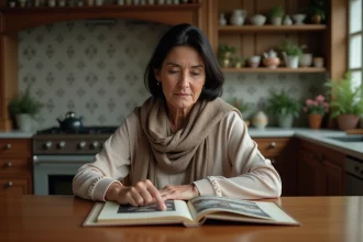 Femme regardant un album photo dans une cuisine chaleureuse