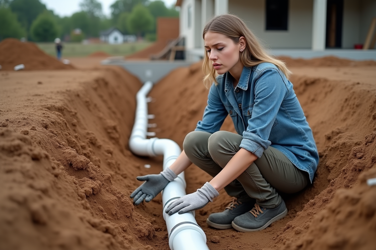 Jeune femme montrant des tuyaux de drainage mal installes