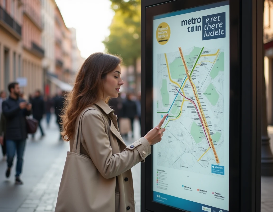 Femme consultant un plan du futur réseau métro à trois lignes dans une rue de Toulouse