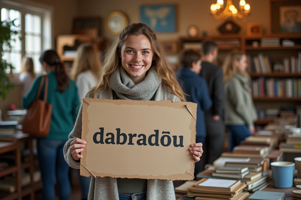Jeune femme tenant un panneau avec logo dabradou lors d