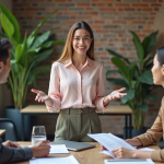 Jeune femme professionnelle présentant un plan d'affaires