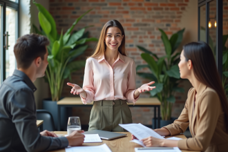 Jeune femme professionnelle présentant un plan d'affaires