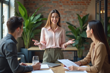 Jeune femme professionnelle présentant un plan d'affaires