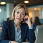 Femme professionnelle en veste marine téléphonant depuis un bureau moderne pour contacter un service client numéro 0270