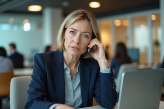 Femme professionnelle en veste marine téléphonant depuis un bureau moderne pour contacter un service client numéro 0270