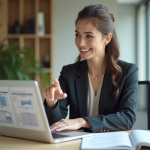 Femme professionnelle pointant des diagrammes sur son ordinateur